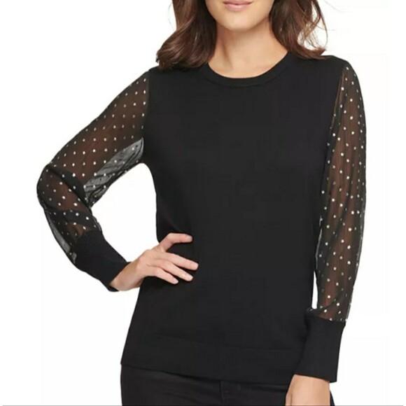 DKNY black top with sheer sleeves that have a star pattern Sz Medium III - Picture 1 of 7
